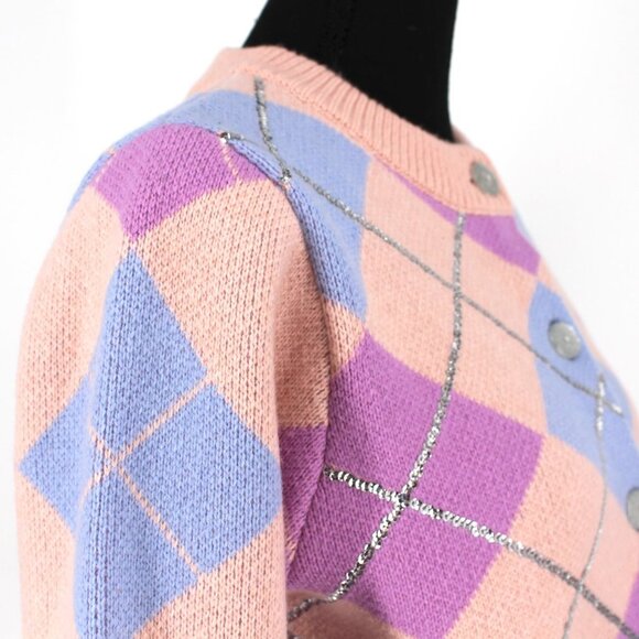 Hill House Home Argyle Breakfast Cardigan Sequin Embellished Sweater Pink S NEW - Picture 2 of 8